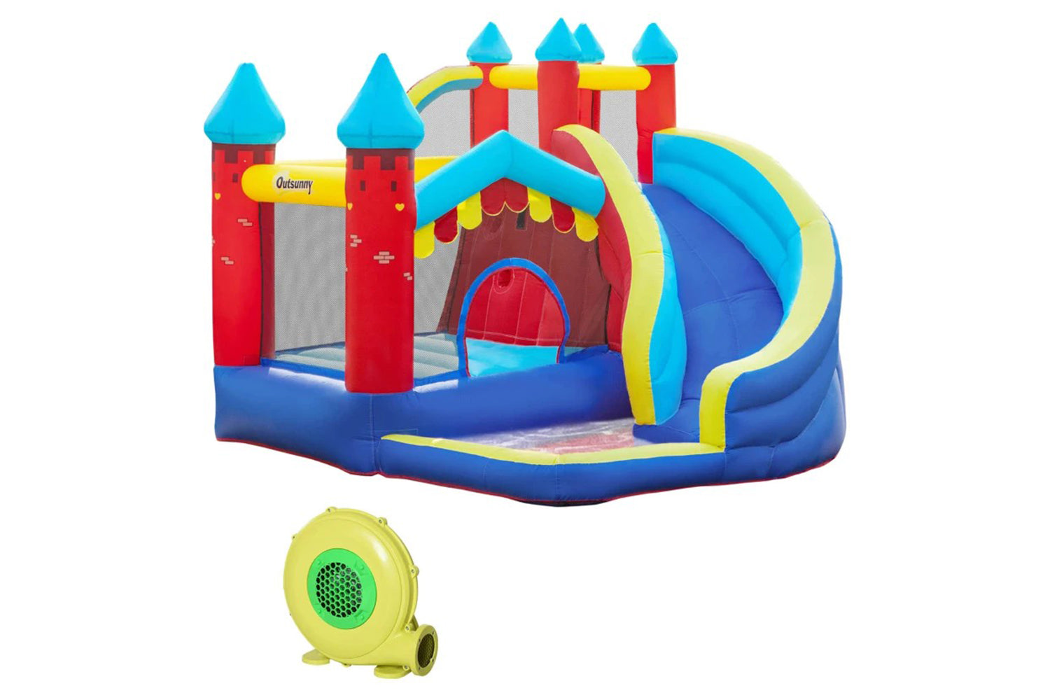 Outsunny Kids Bouncy Castle with Slide Pool Trampoline Climbing Wall Blower | Multicolour