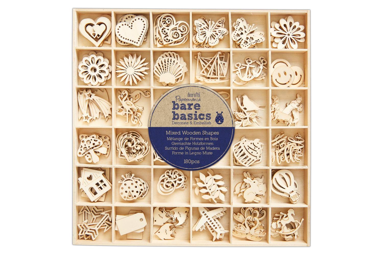Papermania Pma 174551 - Wooden Shapes (180pcs) - Bare Basics