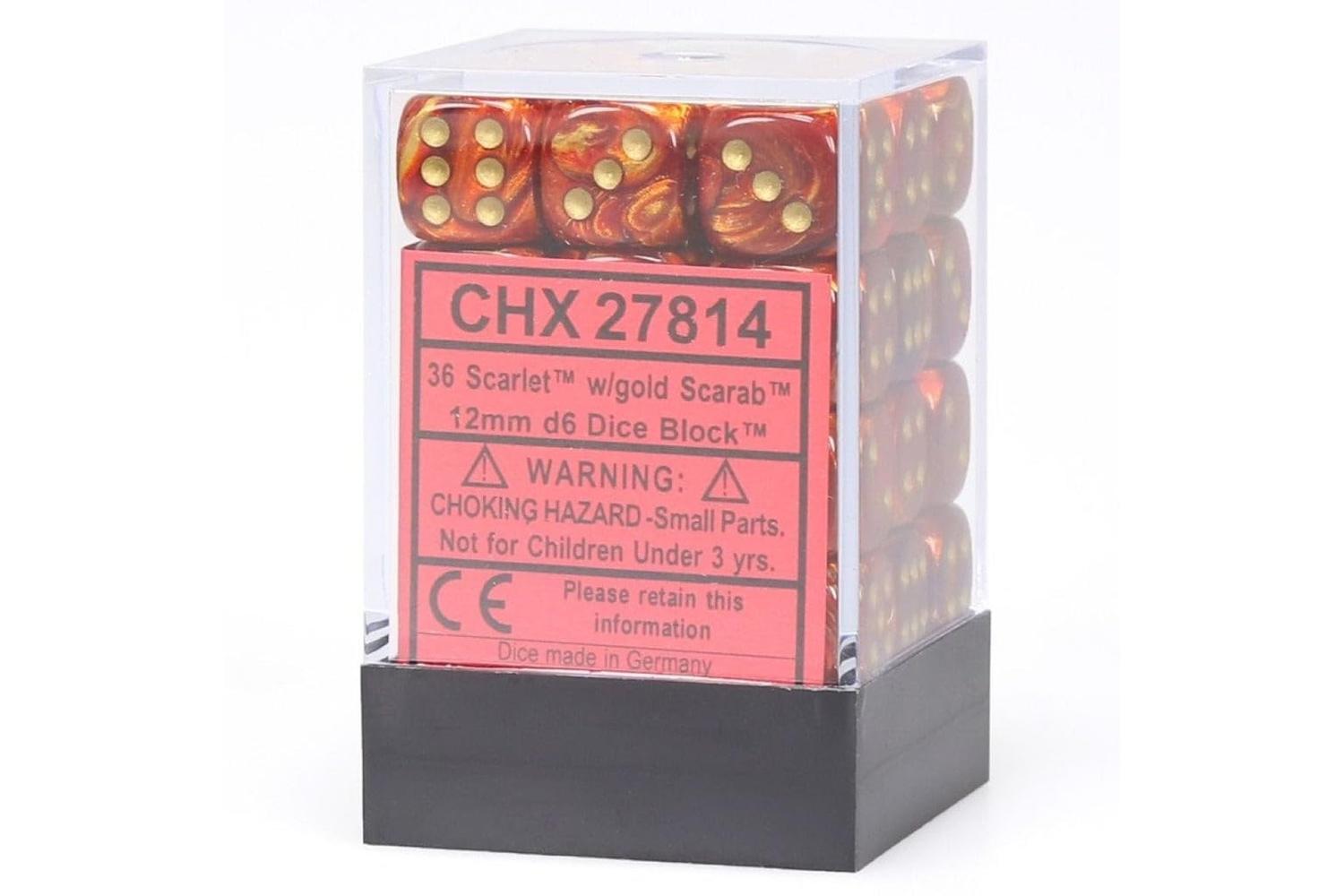 Chessex | Chx27814 | 12mm D6 Dice Block: Scarab Scarlet/gold