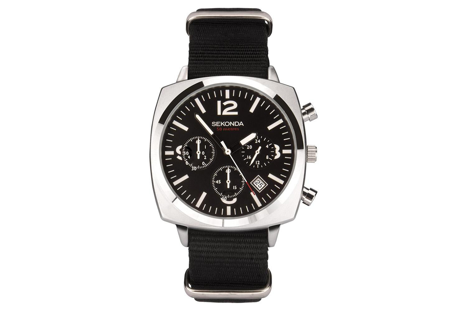 Sekonda Airborne Chronograph Men's Watch With Silver Case, Black Canvas Strap And Black Dial Â– Authentic, Durable And Stylish Timepiece