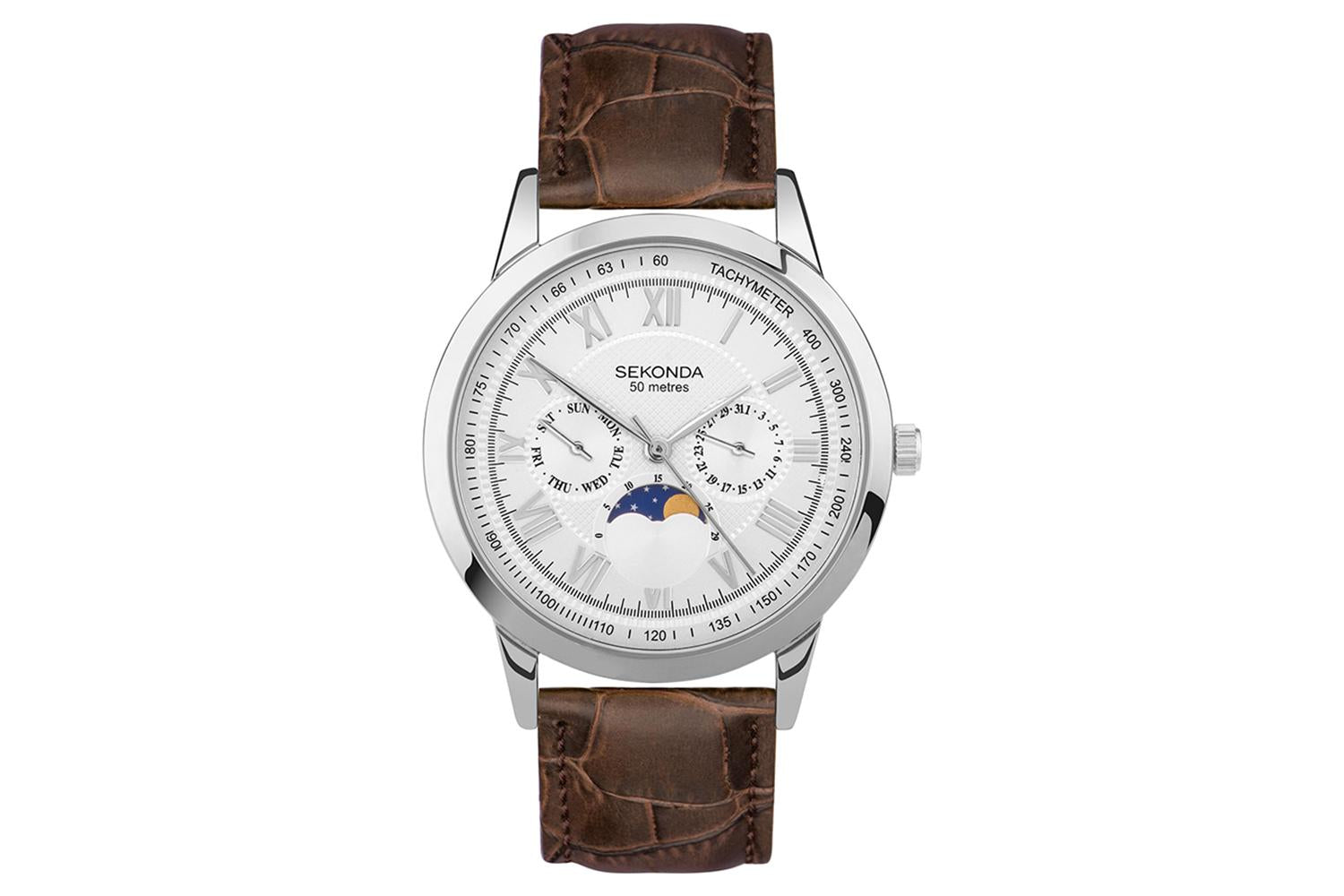 Sekonda Armstrong Moon Phase Mens Watch | Silver/Brown