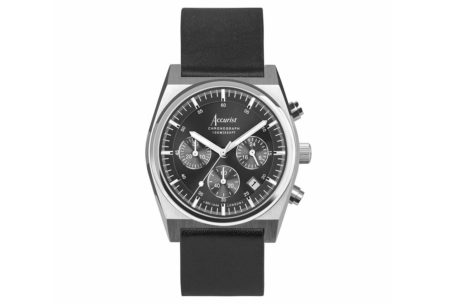 Accurist Origin Men's Chronograph Watch | Silver Case & Black Leather Strap With Black Dial | 41mm
