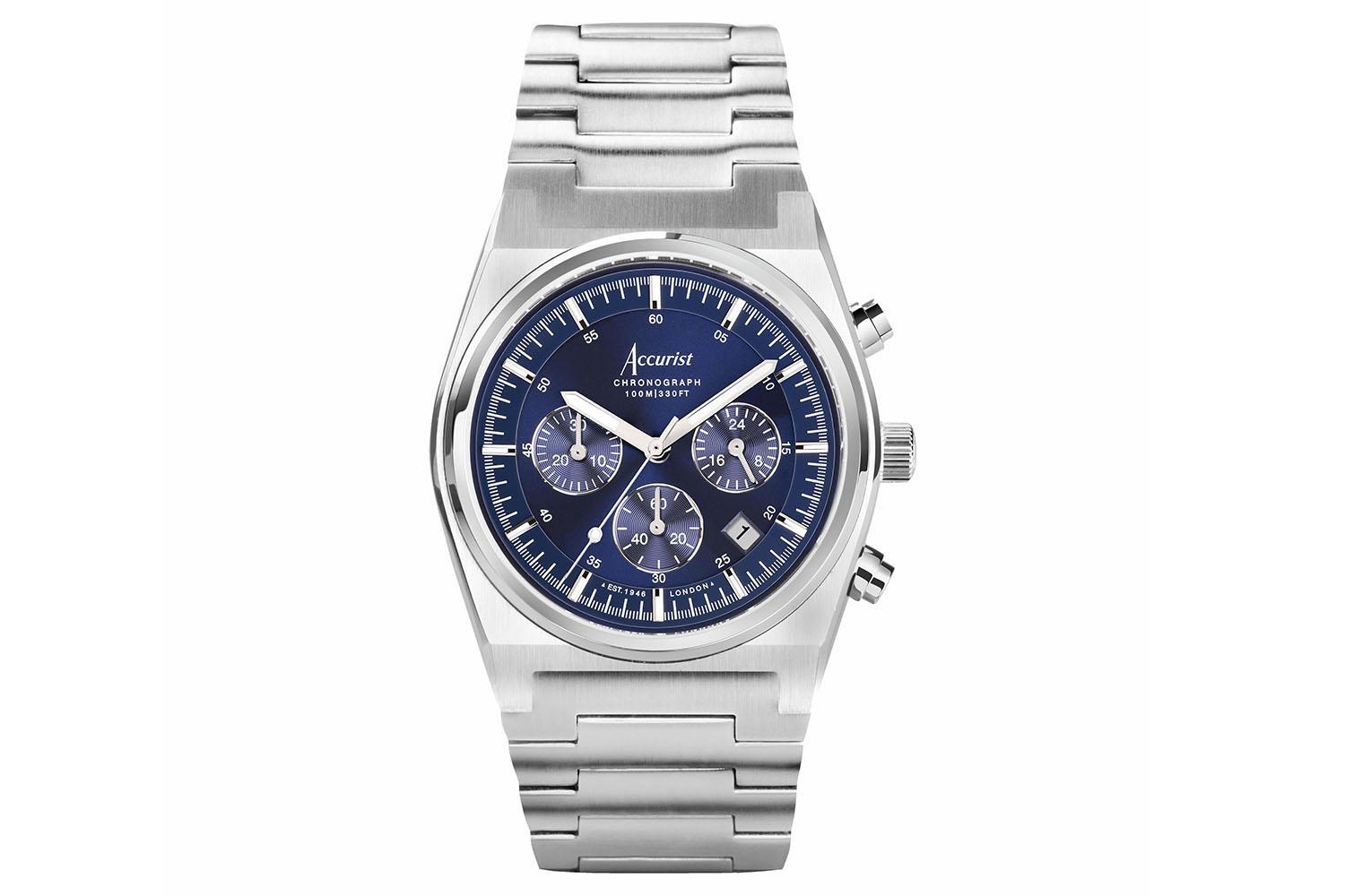 Accurist Origin Men's Chronograph Watch | Silver Case & Stainless Steel Bracelet With Royal Blue Dial | 41mm