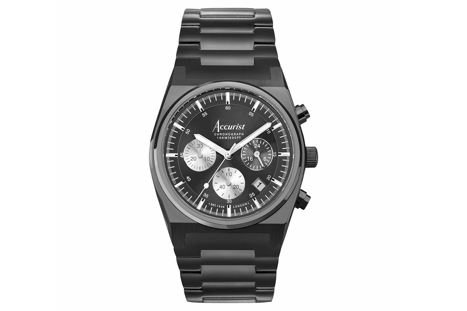 Accurist Origin Men's Chronograph Watch | Black Case & Stainless Steel Bracelet With Black Dial | 41mm