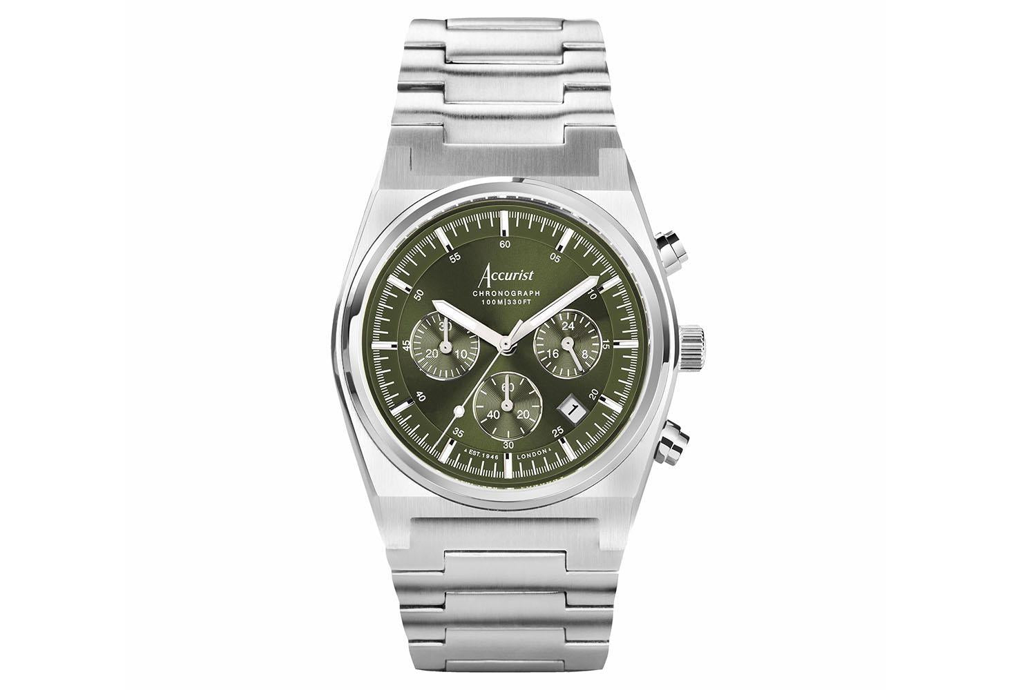 Accurist Origin Men's Chronograph Watch | Silver Case & Stainless Steel Bracelet With Moss Green Dial | 41mm