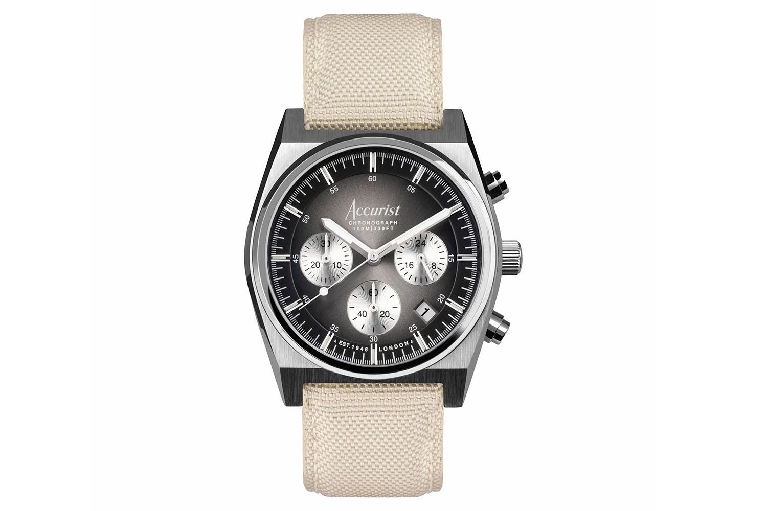 Accurist Origin Men's Chronograph Watch | Gunmetal Case & Cream Canvas Strap With Black Dial | 41mm