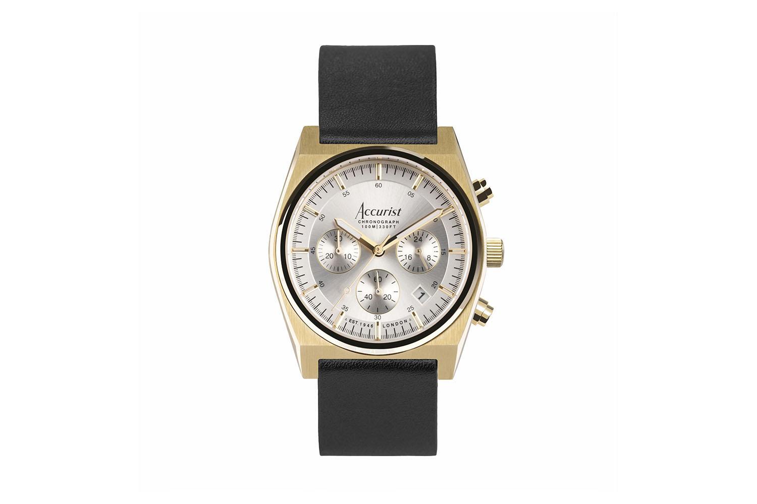 Accurist Origin Men's Chronograph Watch | Gold Case & Black Leather Strap With Silver Dial | 41mm