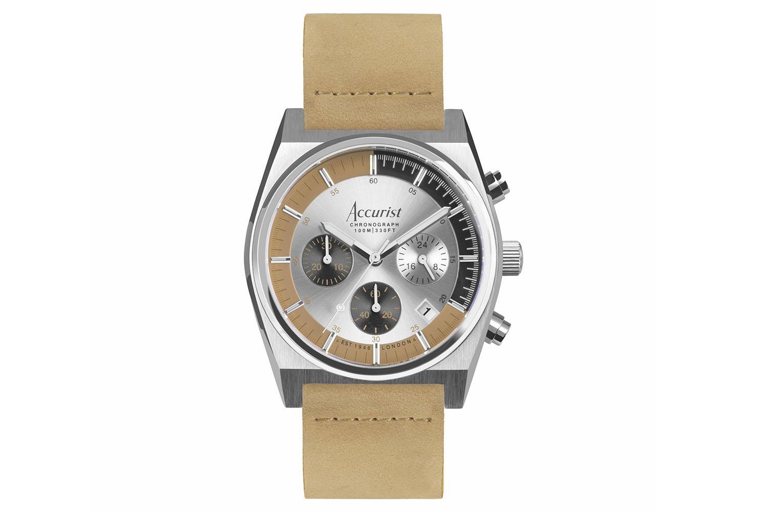 Accurist Origin Men's Chronograph Watch | Silver Case & Tan Leather Strap With Silver Dial | 41mm