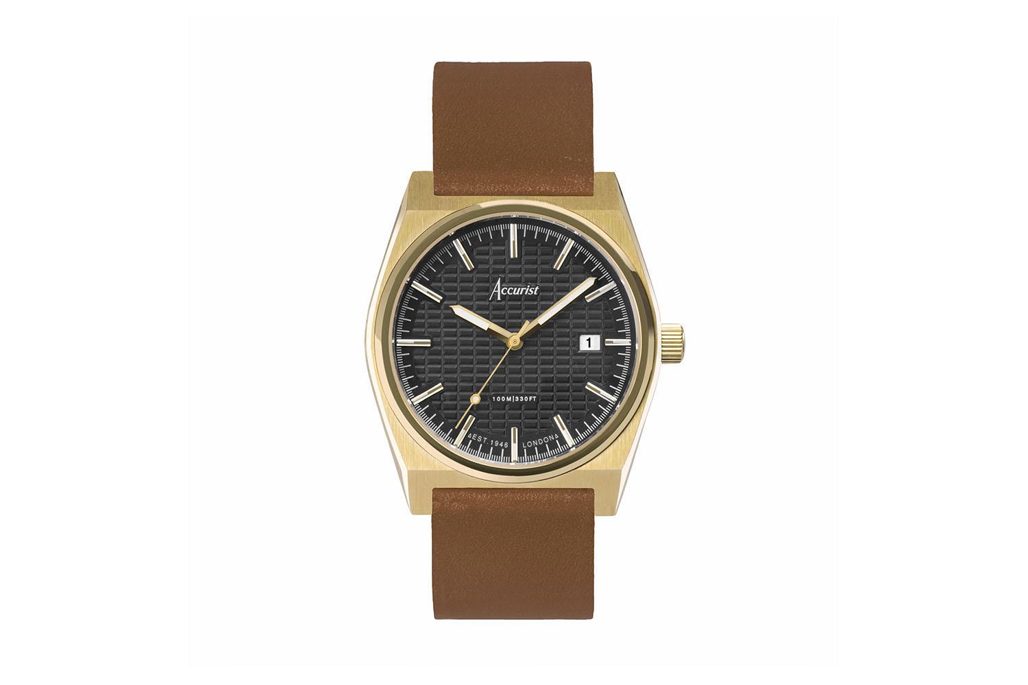 Accurist Origin Men's Watch | Gold Case & Brown Leather Strap With Black Dial | 41mm