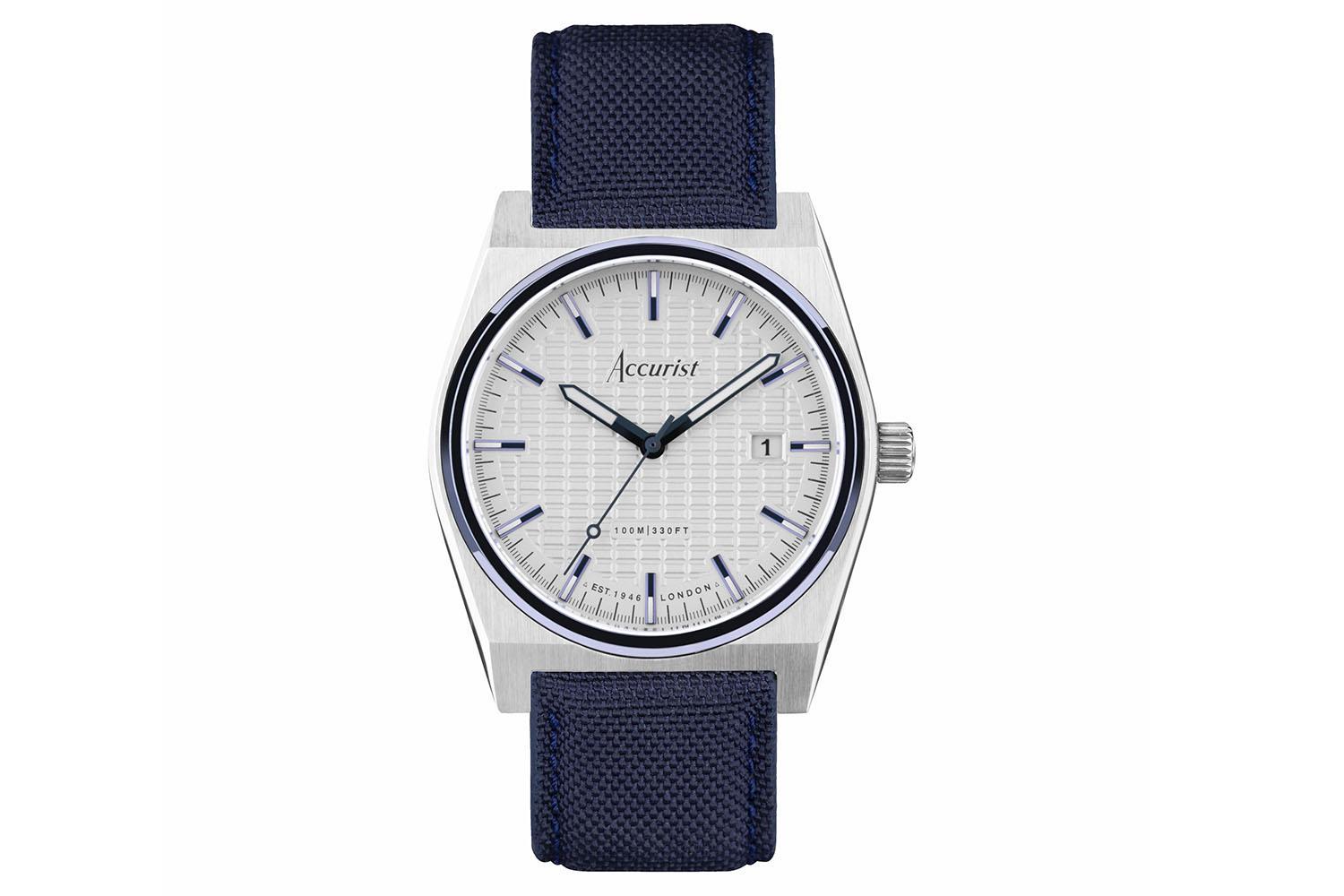 Accurist Origin Men's Watch | Silver Case & Blue Canvas Strap With White Dial | 41mm