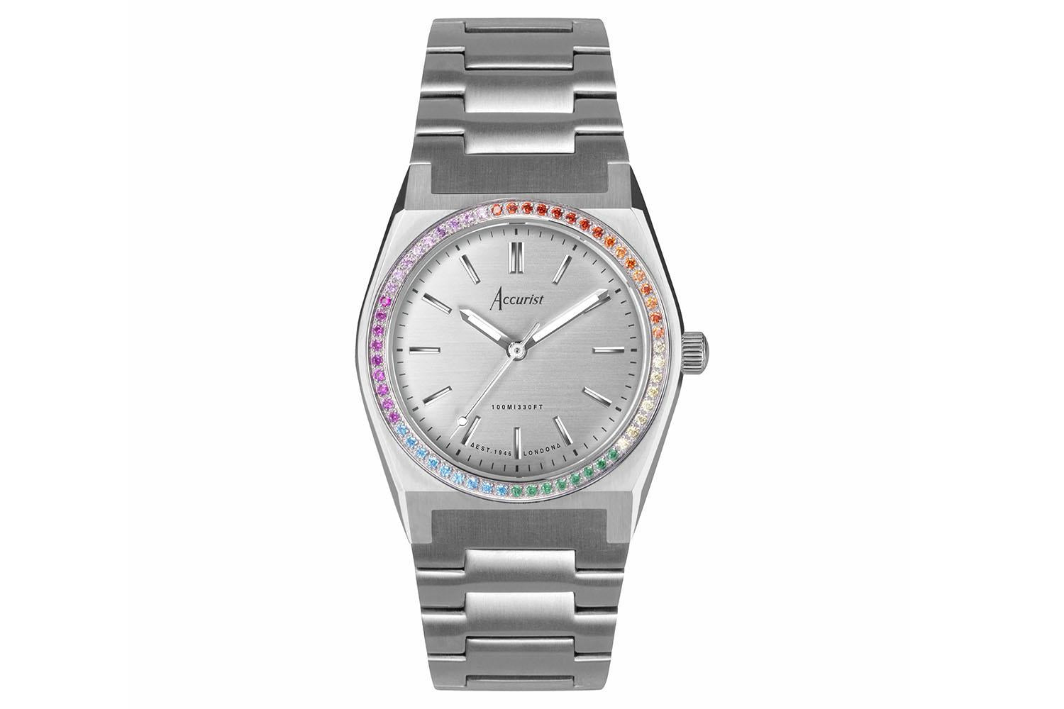 Accurist Origin Ladies Watch | Rainbow Stone Set Case & Stainless Steel Bracelet With Silver Dial | 34mm