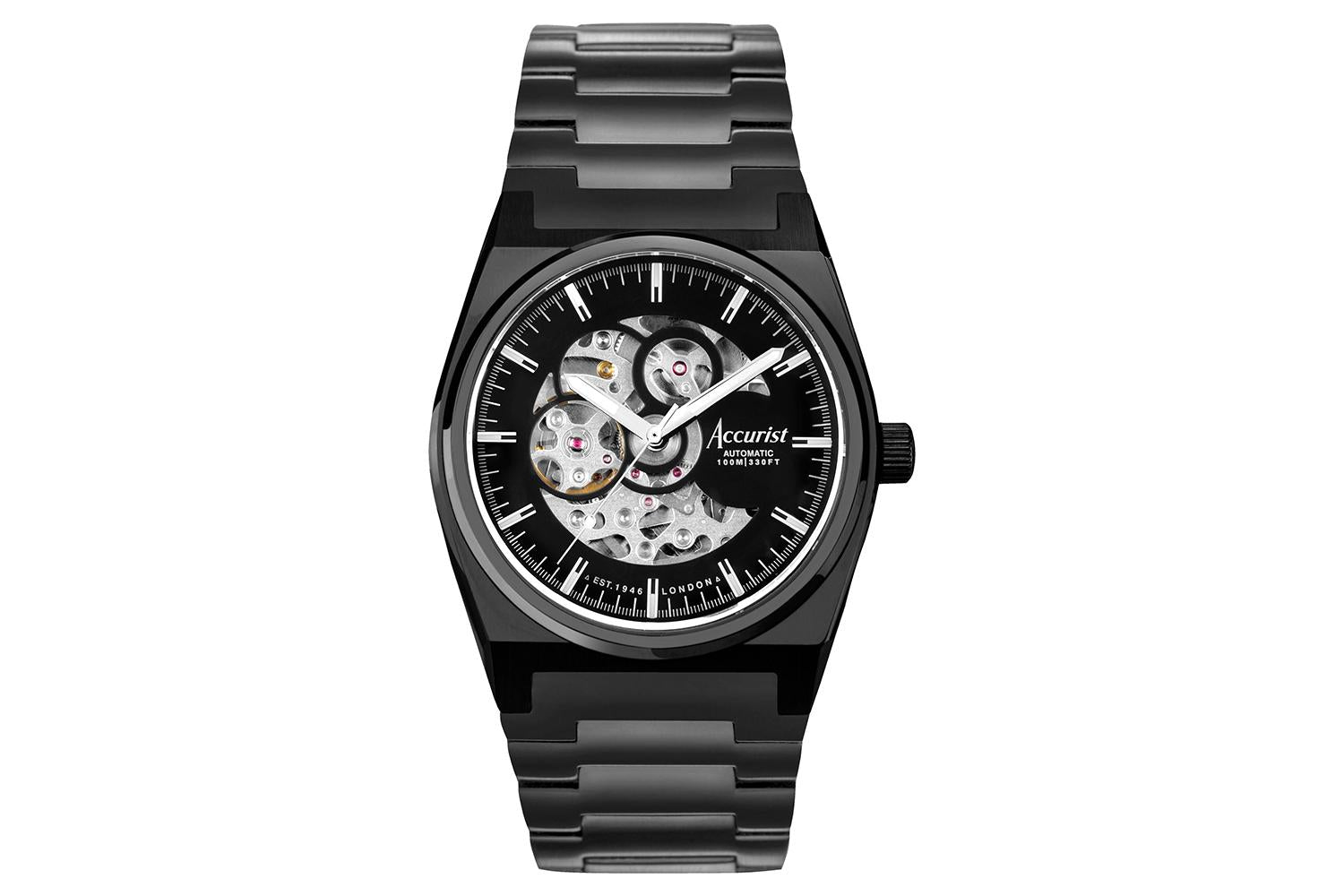 Accurist Origin Automatic Men's Watch | Black Stainless Steel Case & Bracelet With Skeleton Dial | 41mm