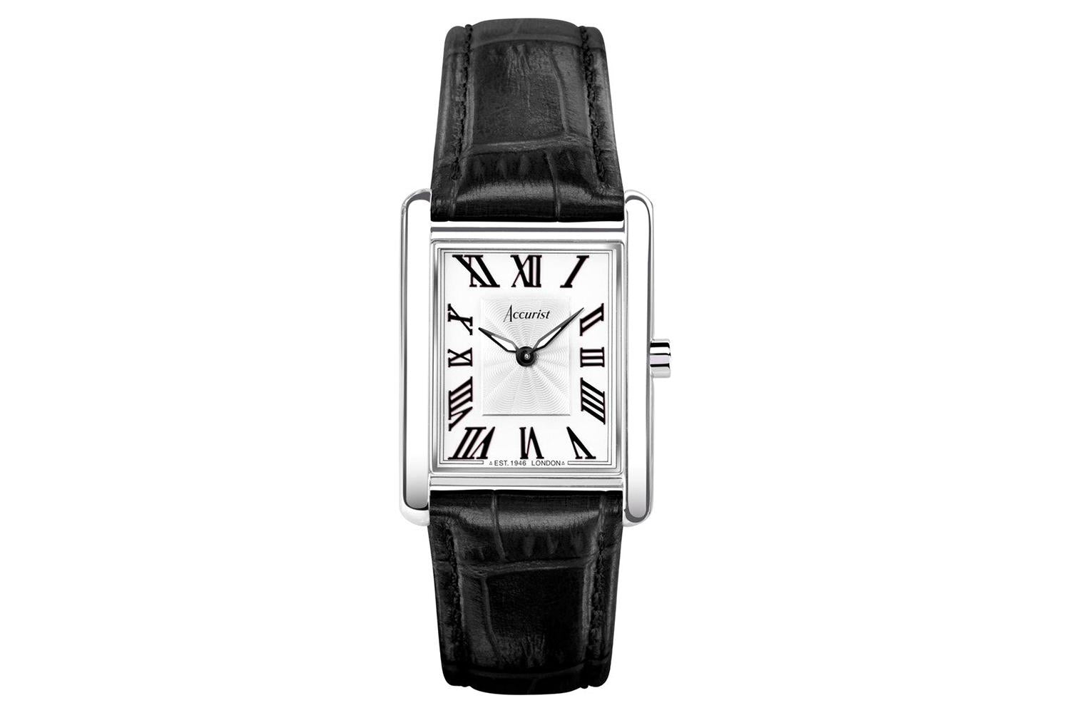 Accurist Rectangle Ladies Watch | Silver Case & Black Leather Strap With White Dial | 26mm