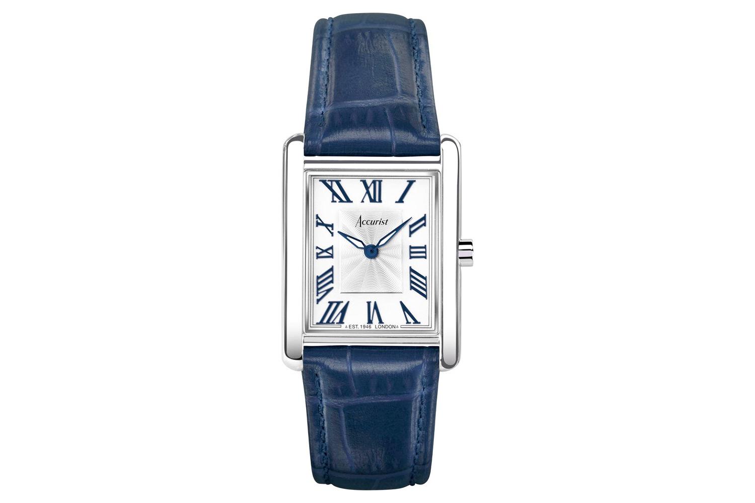 Accurist Rectangle Ladies Watch | Silver Case & Blue Leather Strap With White Dial | 26mm