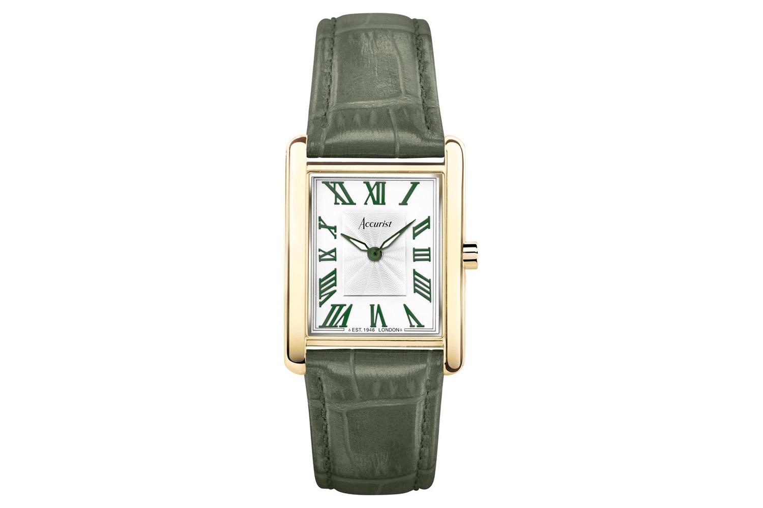 Accurist Rectangle Ladies Watch | Gold Case & Green Leather Strap With White Dial | 26mm