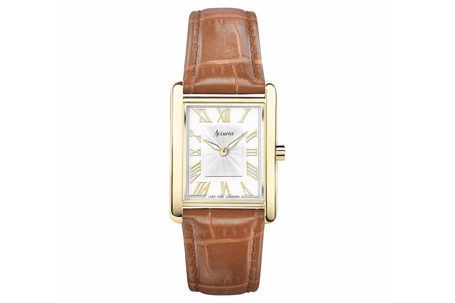 Accurist Rectangle Ladies Watch | Gold Case & Tan Leather Strap With White Dial | 26mm