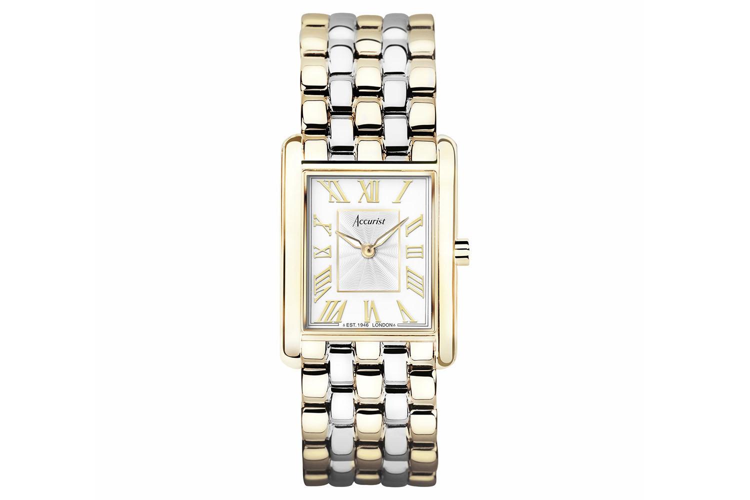 Accurist Rectangle Ladies Watch | Gold Case & Two Tone Stainless Steel Bracelet With White Dial | 26mm