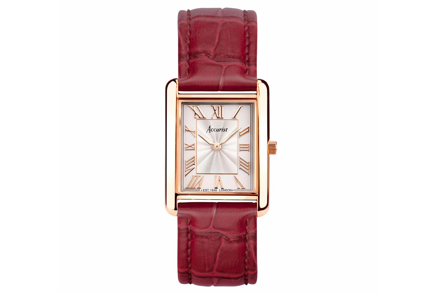 Accurist Rectangle Ladies Watch | Rose Gold Case & Burgundy Leather Strap With White Dial | 26mm