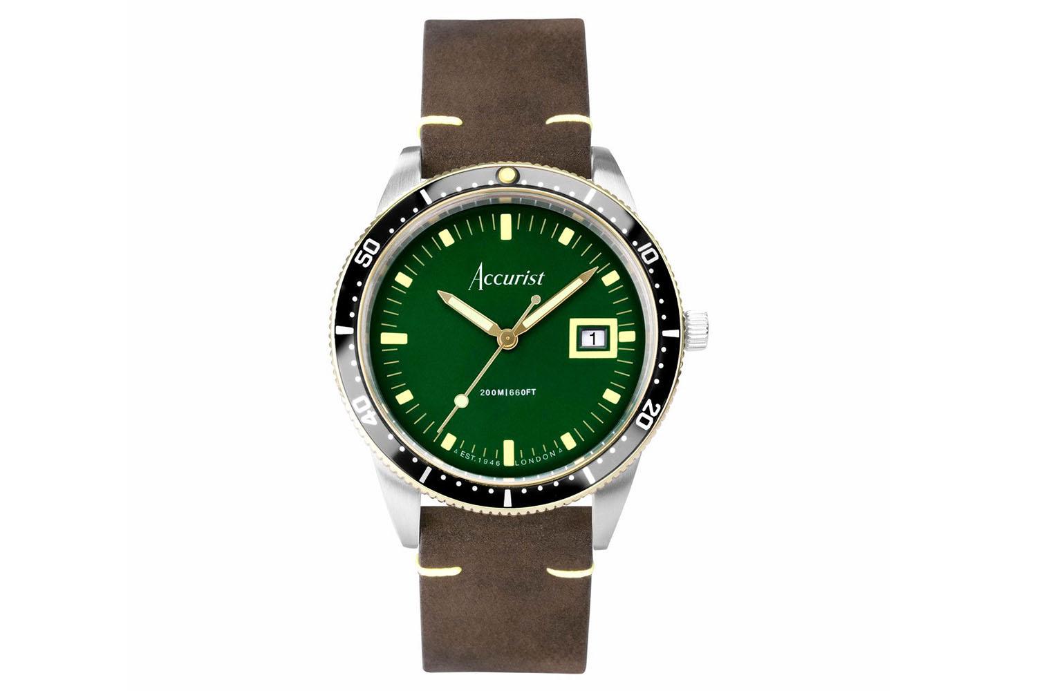 Accurist Dive Men's Watch | Two Tone Case & Brown Leather Strap With Samphire Green Dial | 42mm