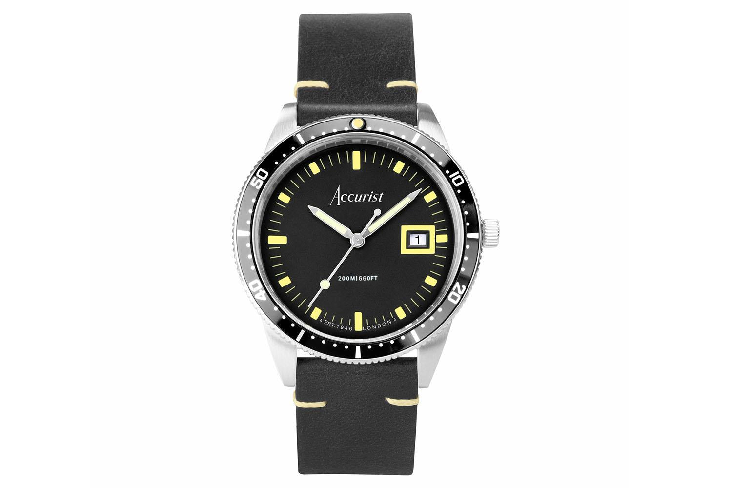 Accurist Dive Men's Watch | Silver Case & Black Leather Strap With Black Dial | 42mm