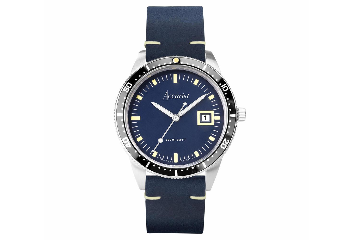 Accurist Dive Men's Watch | Silver Case & Blue Leather Strap With Windermere Blue Dial | 42mm