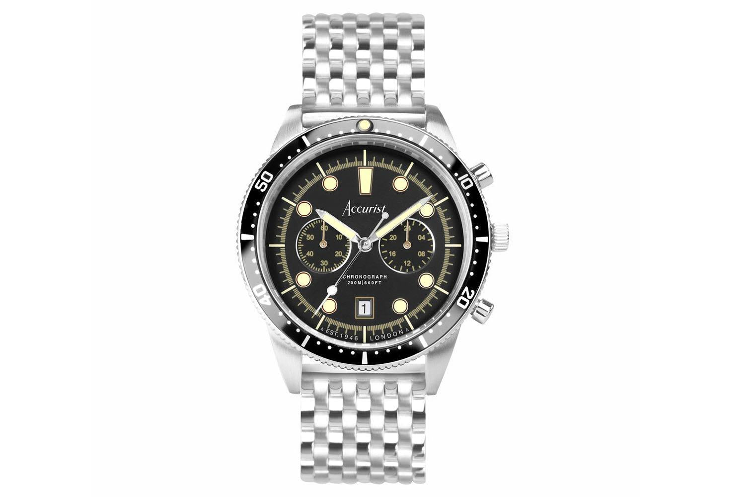 Accurist Dive Men's Chronograph Watch | Silver Case & Stainless Steel Bracelet With Black Dial | 42mm