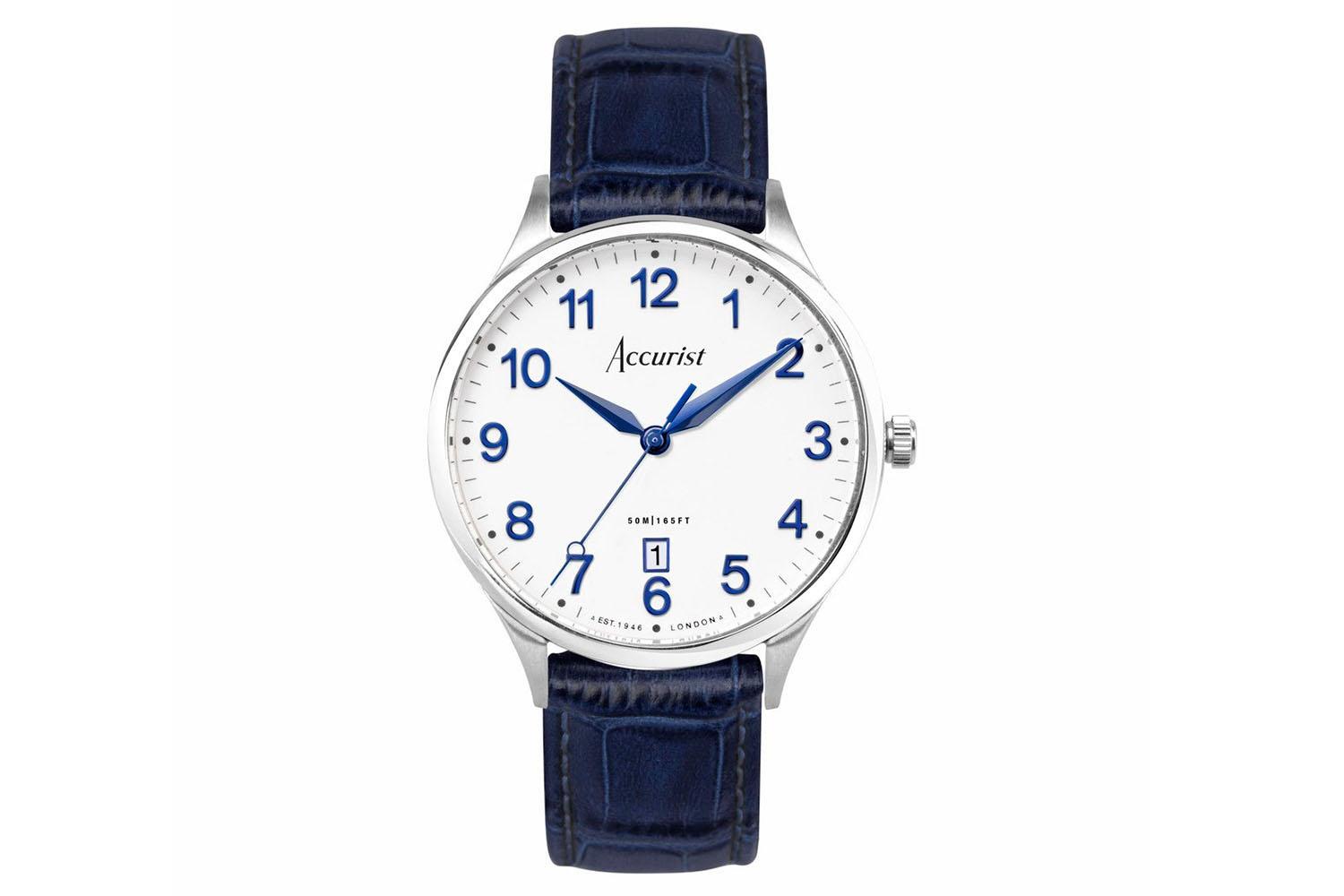 Accurist Classic Men's Watch | Silver Case & Blue Leather Strap With White Dial | 37mm