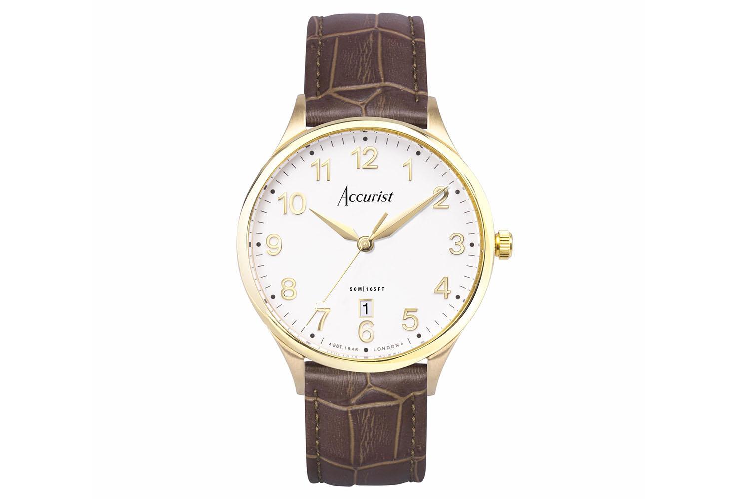 Accurist Classic Men's Watch | Gold Case & Brown Leather Strap With White Dial | 37mm