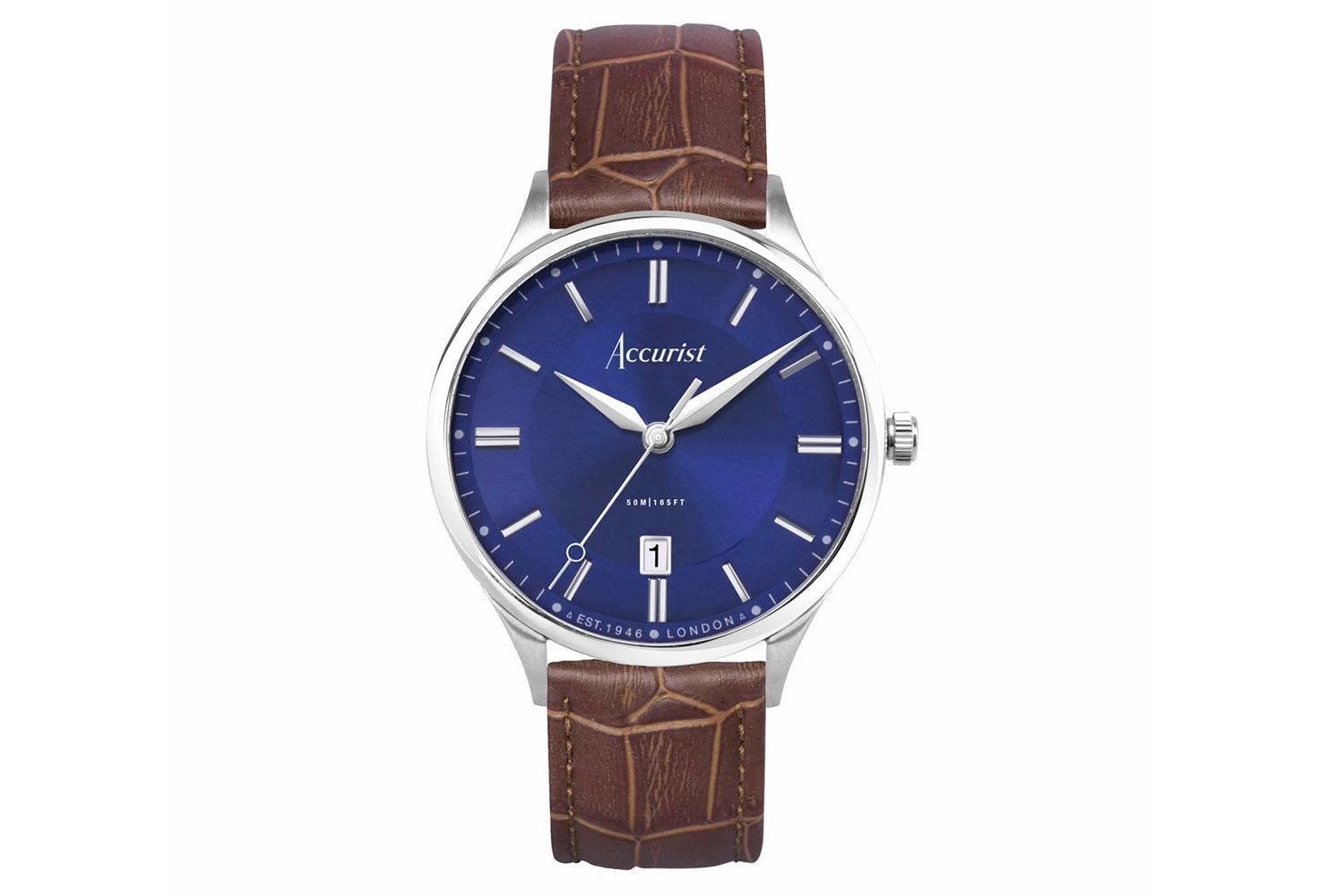 Accurist Classic Men's Watch | Silver Case & Brown Leather Strap With Windsor Blue Dial | 37mm