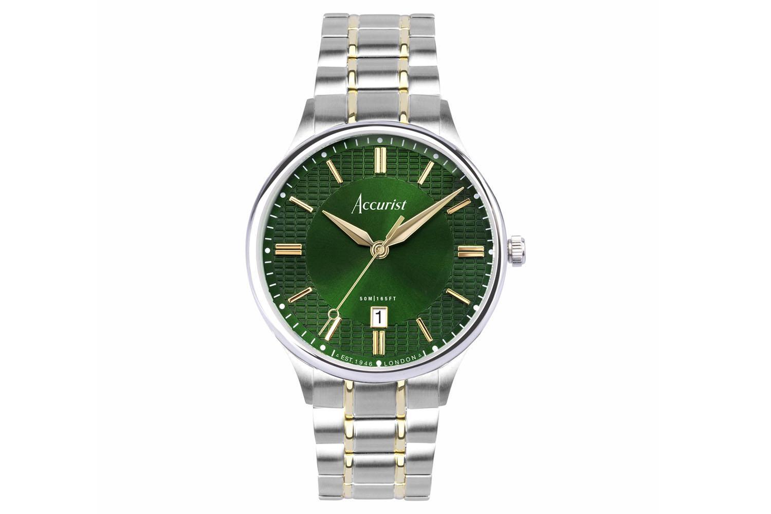 Accurist Classic Men's Watch | Silver Case & Two Tone Stainless Steel Bracelet With Lawn Green Dial | 37mm