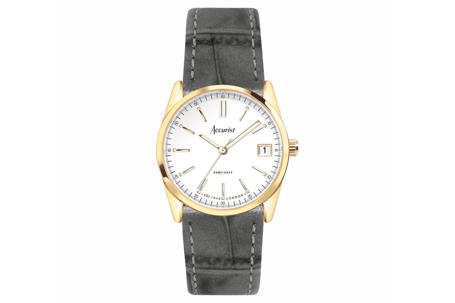 Accurist Everyday Ladies Watch | Gold Case & Grey Leather Strap With White Dial | 30mm