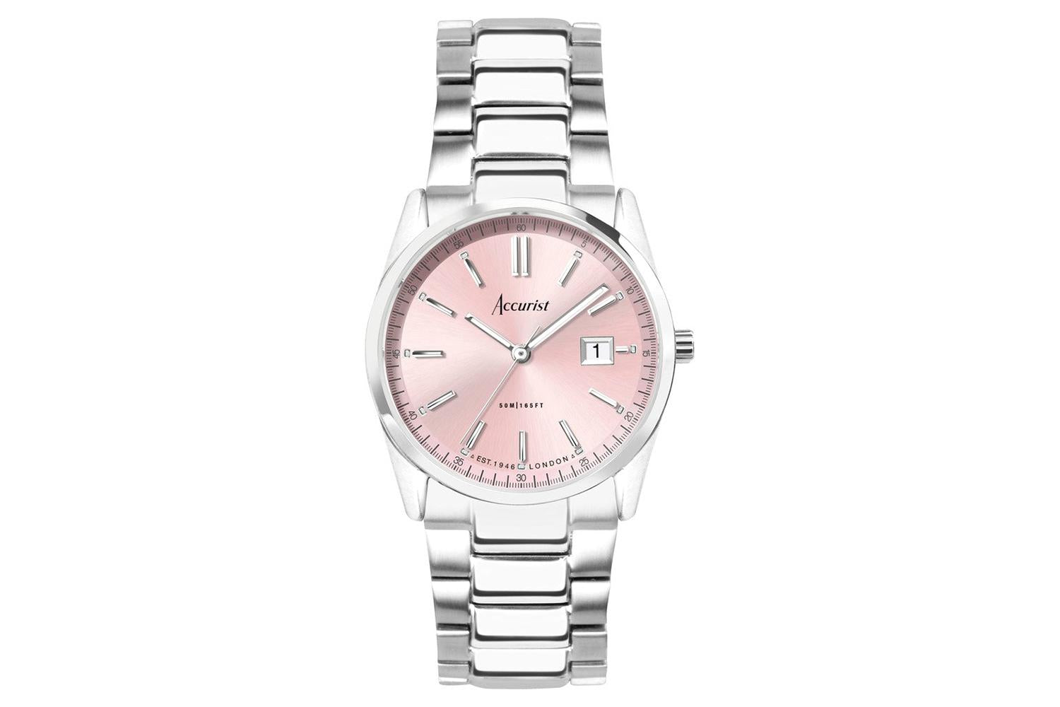 Accurist Everyday Ladies Watch | Silver Case & Stainless Steel Bracelet With Peony Pink Dial | 30mm