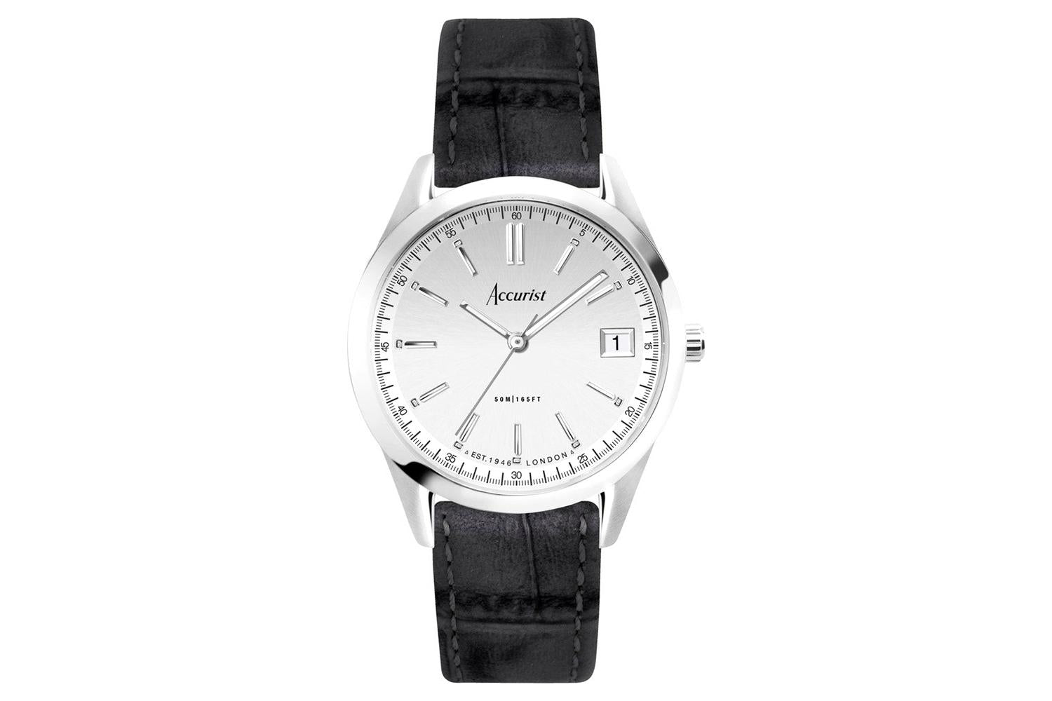 Accurist Everyday Unisex Watch | Silver Case & Black Leather Strap With Silver Dial | 36mm