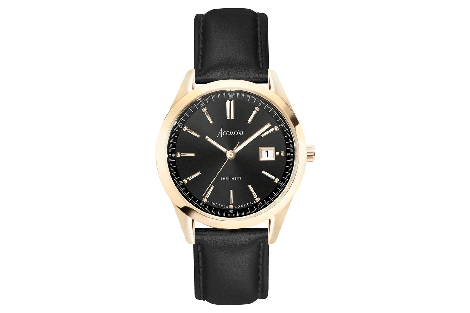 Accurist Everyday Men's Watch | Gold Case & Black Leather Strap With Black Dial | 40mm