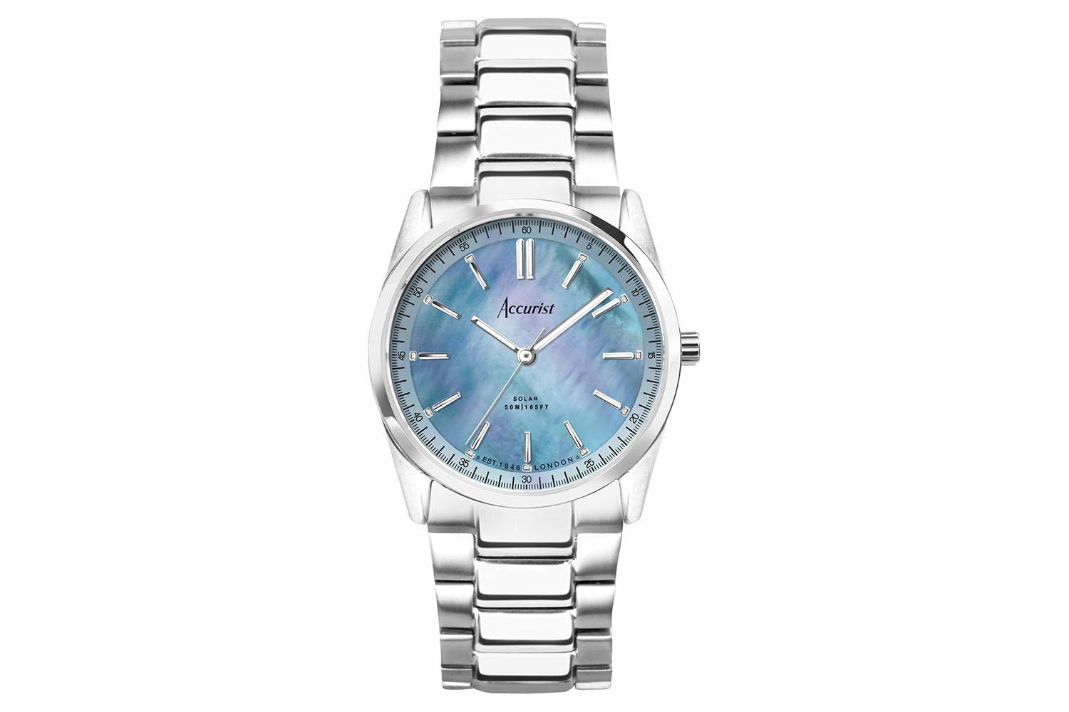 Accurist Everyday Solar Ladies Watch | Silver Stainless Steel Case & Bracelet With Blue Mother-of-pearl Dial | 30mm