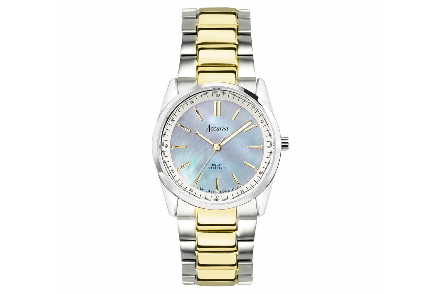 Accurist Everyday Solar Ladies Watch | Silver Stainless Steel Case & Two Tone Bracelet With Blue Mother-of-pearl Dial | 30mm