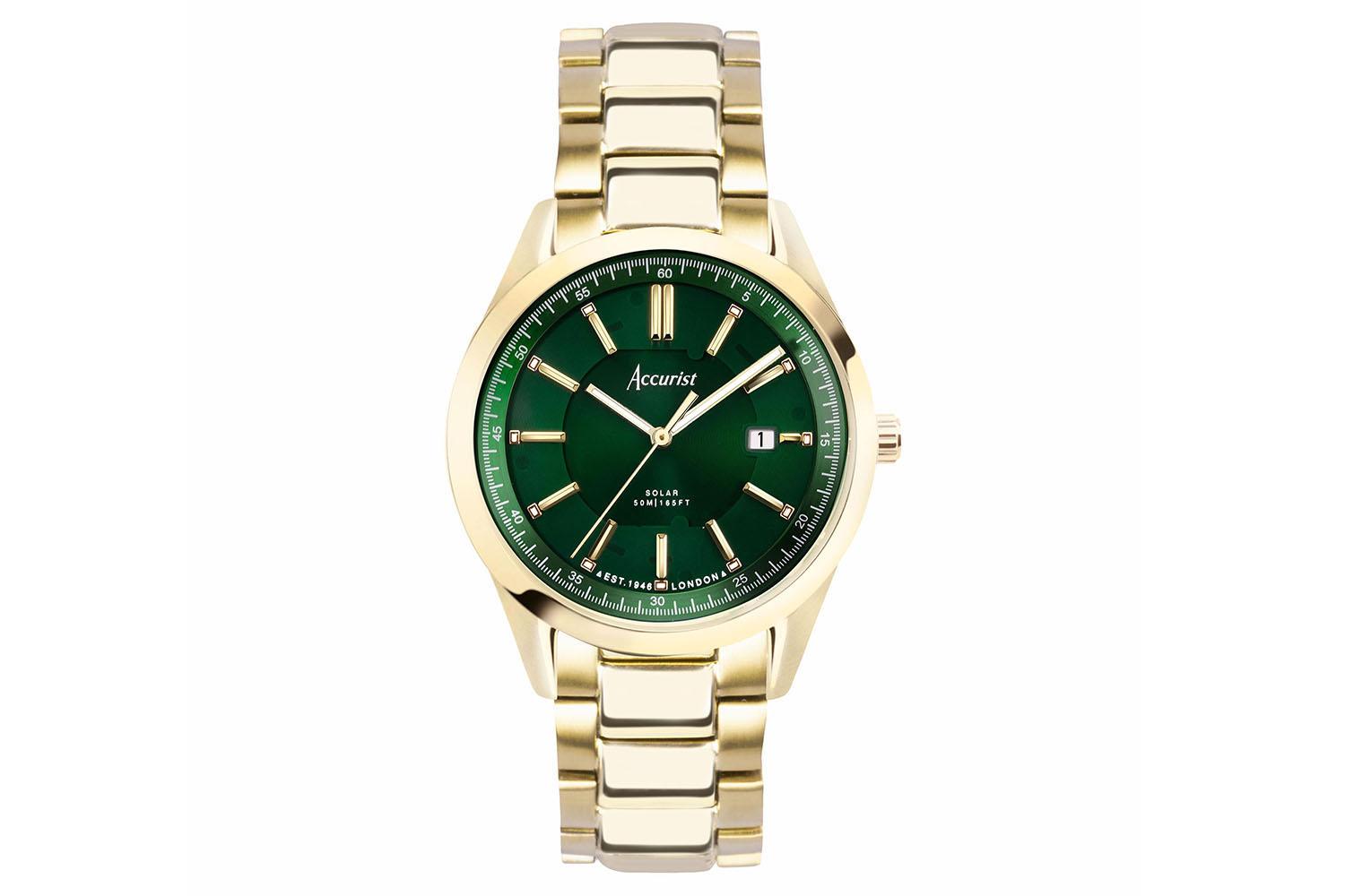 Accurist Everyday Solar Men's Watch | Gold Stainless Steel Case & Bracelet With Green Dial | 40mm