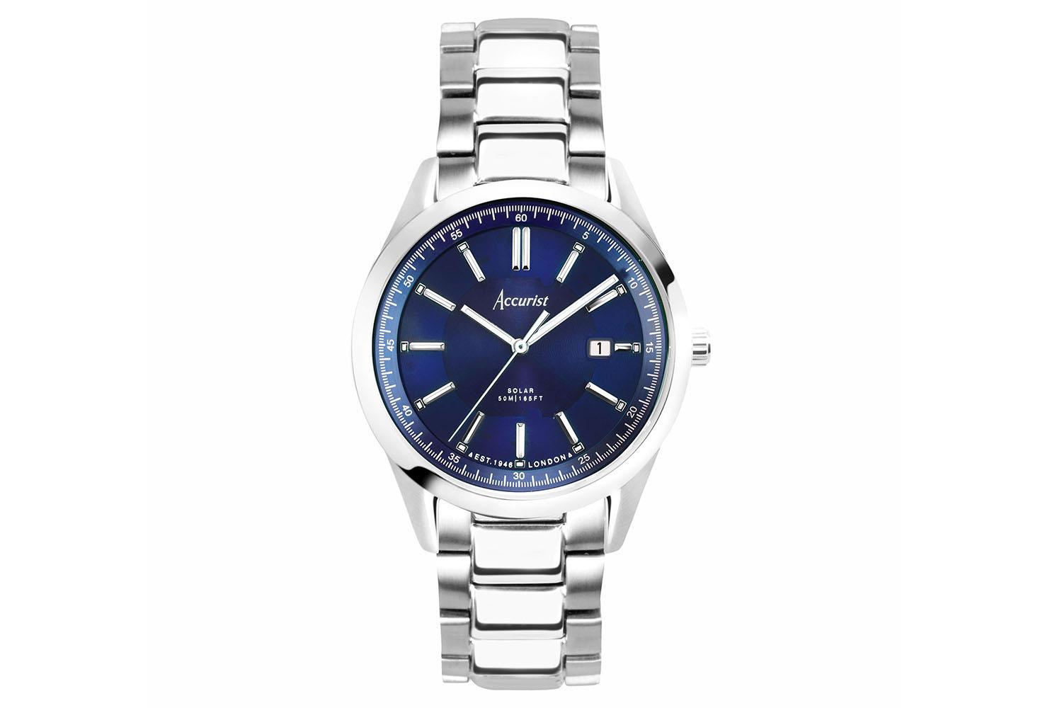 Accurist Everyday Solar Men's Watch | Silver Stainless Steel Case & Bracelet With Blue Dial | 40mm
