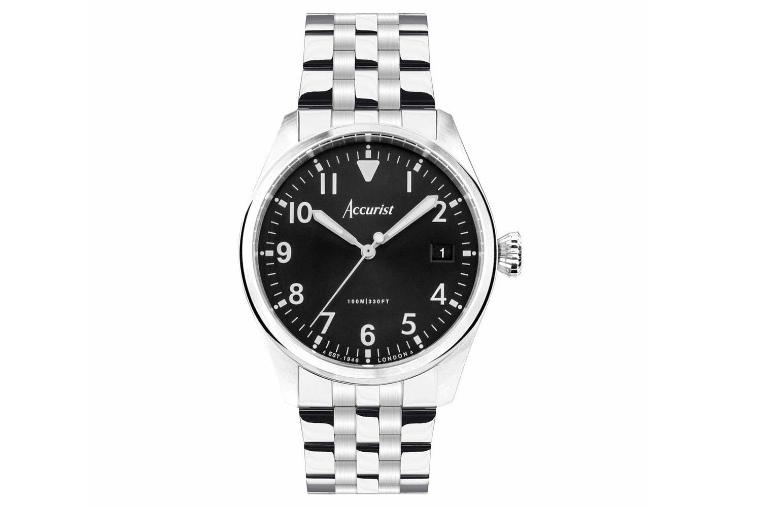 Accurist Aviation Men's Watch | Silver Case & Stainless Steel Bracelet With Black Dial | 41mm