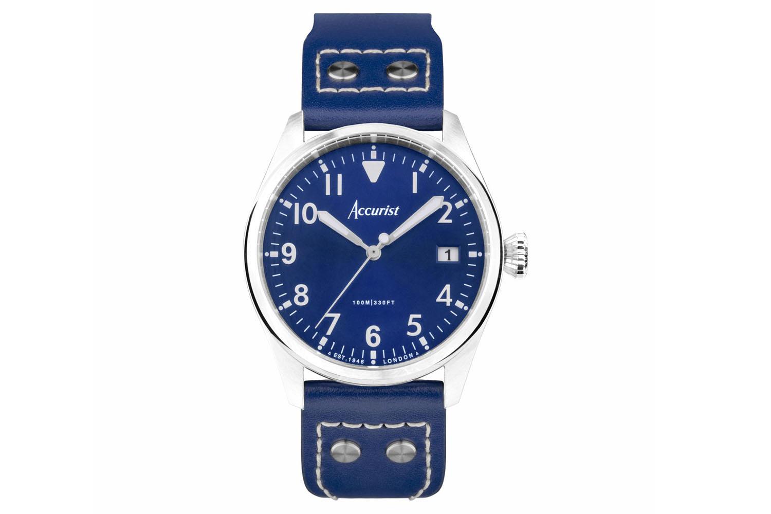 Accurist Aviation Men's Watch | Silver Case & Blue Leather Strap With Windsor Blue Dial | 41mm