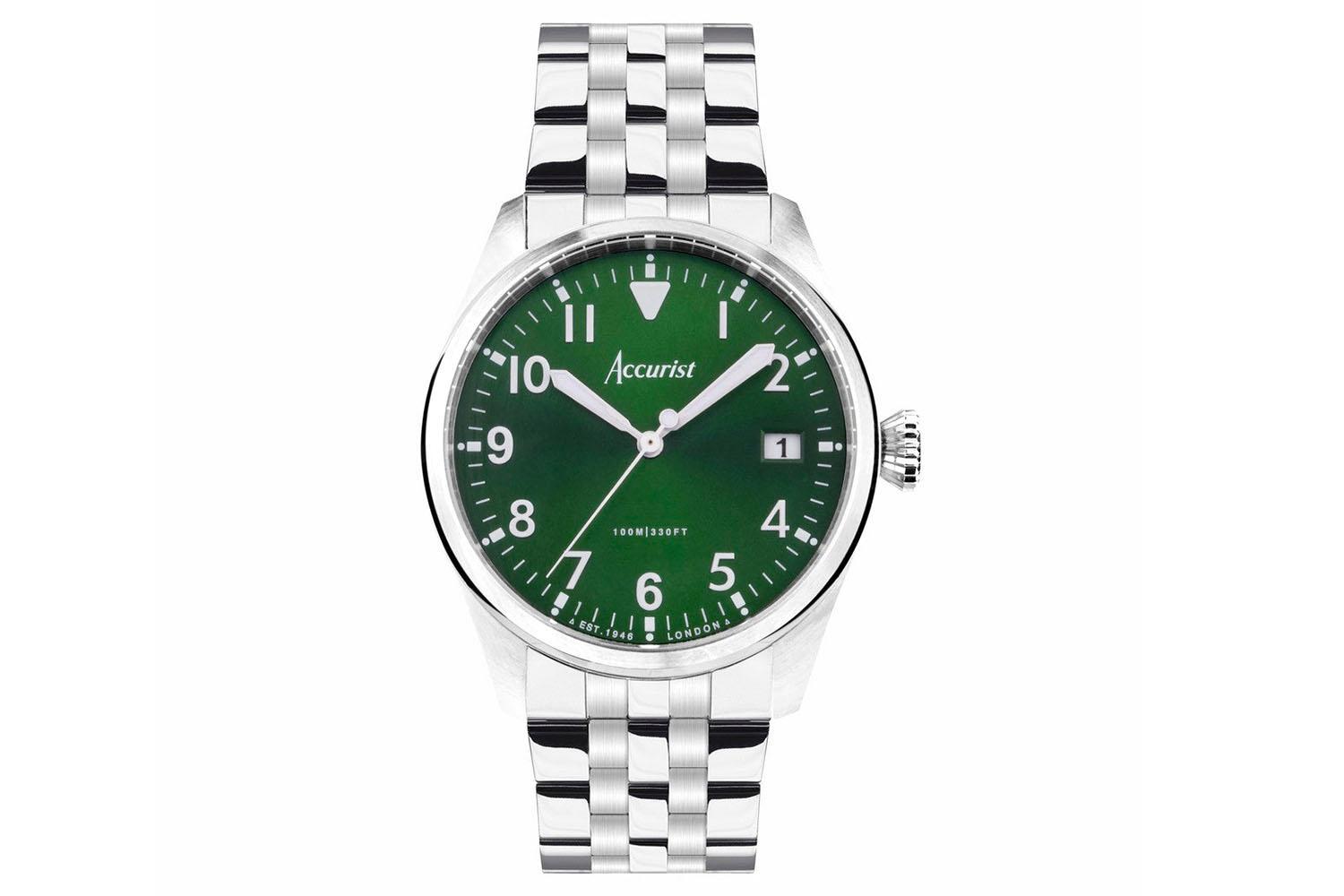 Accurist Aviation Men's Watch | Silver Case & Stainless Steel Bracelet With Forest Green Dial | 41mm
