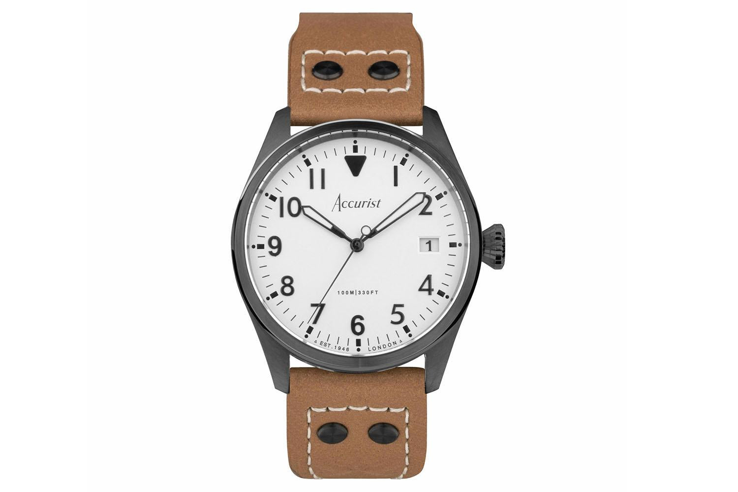 Accurist Aviation Men's Watch | Black Case & Beige Leather Strap With White Dial | 41mm