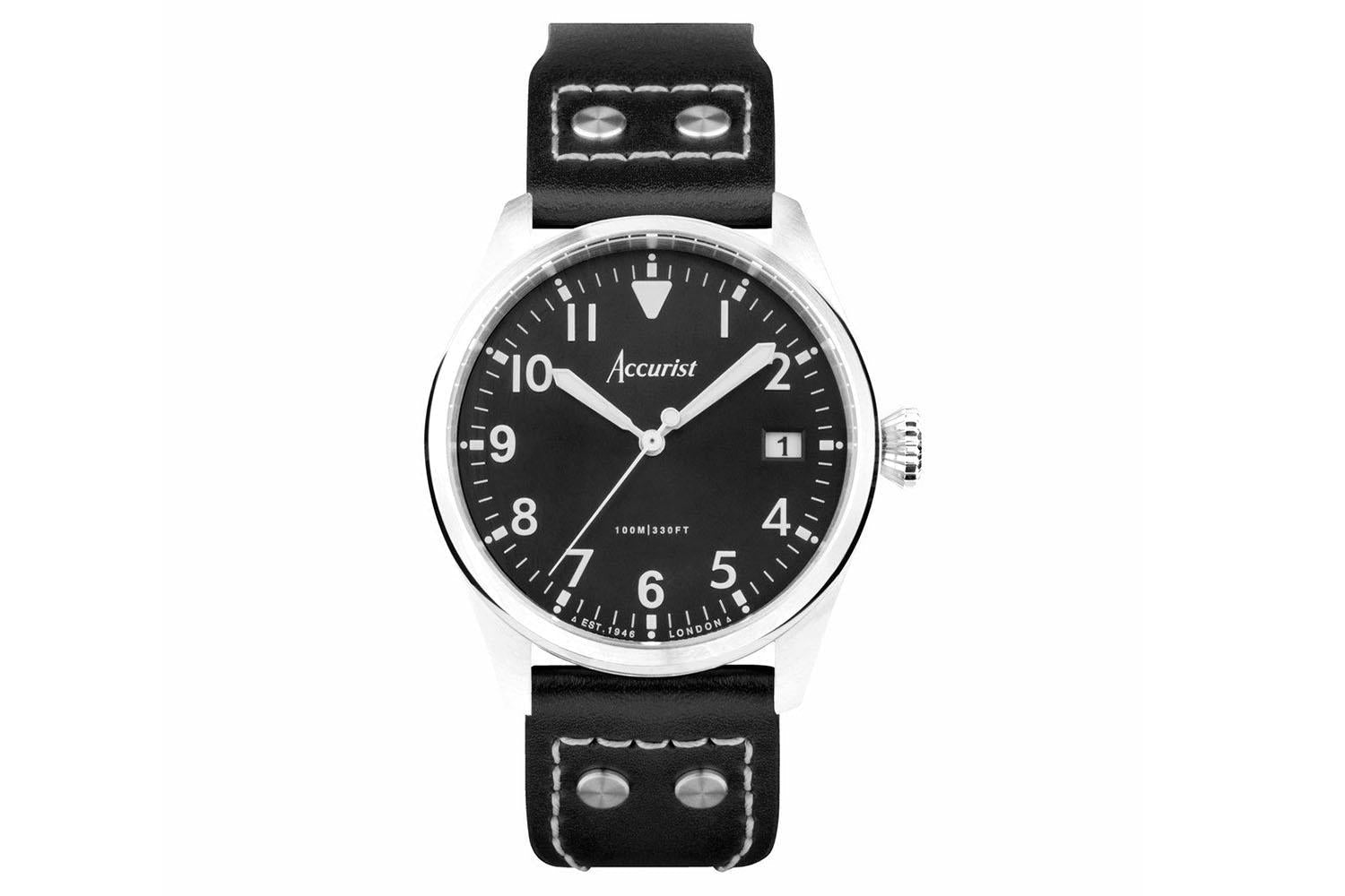 Accurist Aviation Men's Watch | Silver Case & Black Leather Strap With Black Dial | 41mm