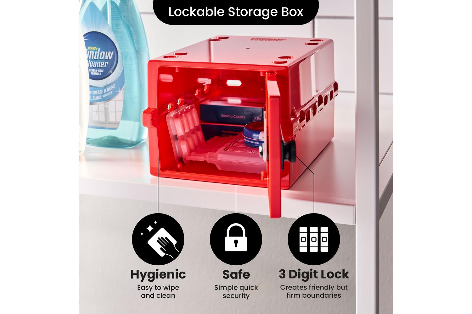Lockabox Miniâ„¢ Medi Red | Small Lockable Medicine Box | 3 Litre Lightweight & Hygienic Combination Lock Box-2