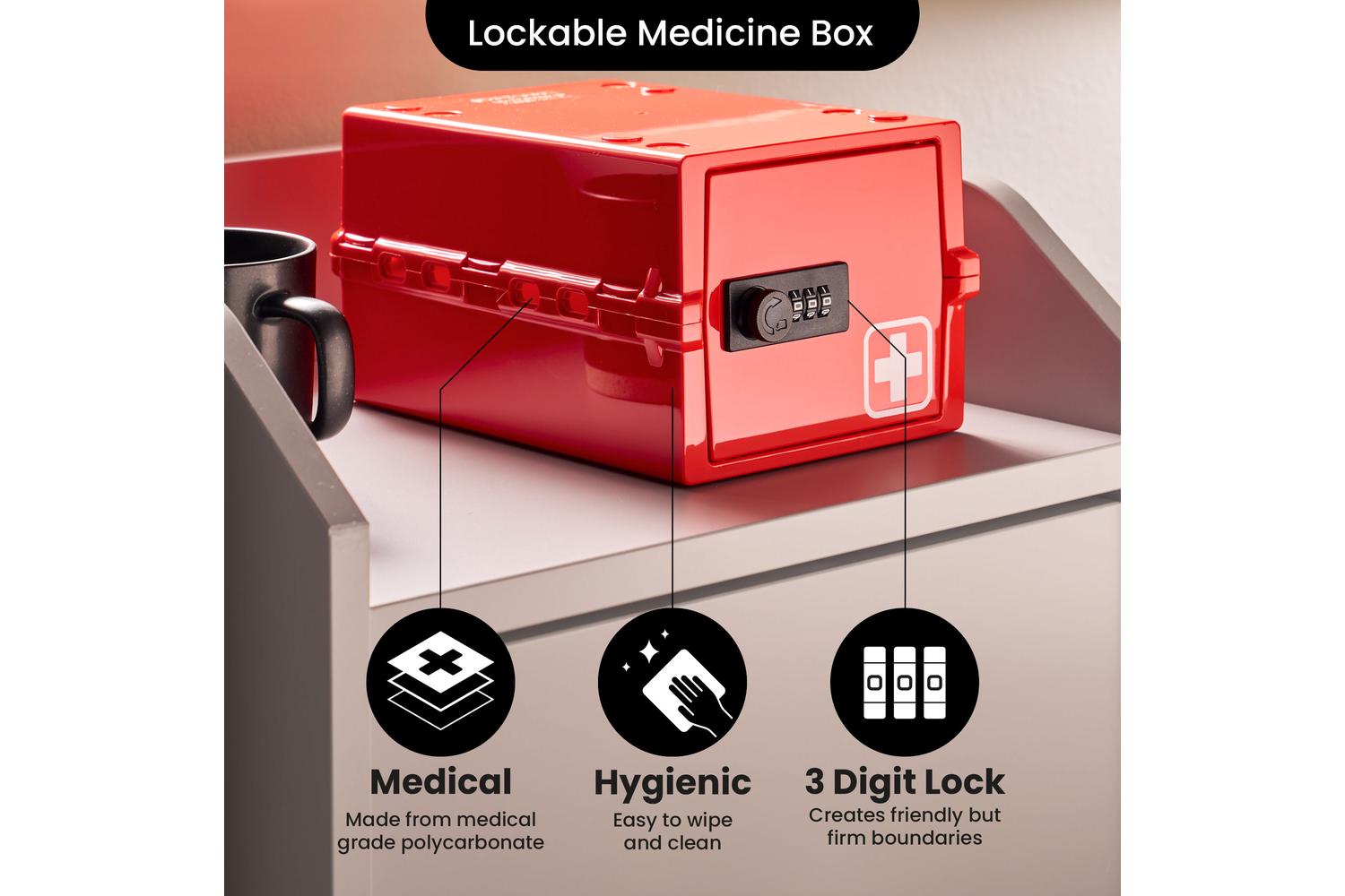 Lockabox Miniâ„¢ Medi Red | Small Lockable Medicine Box | 3 Litre Lightweight & Hygienic Combination Lock Box-5