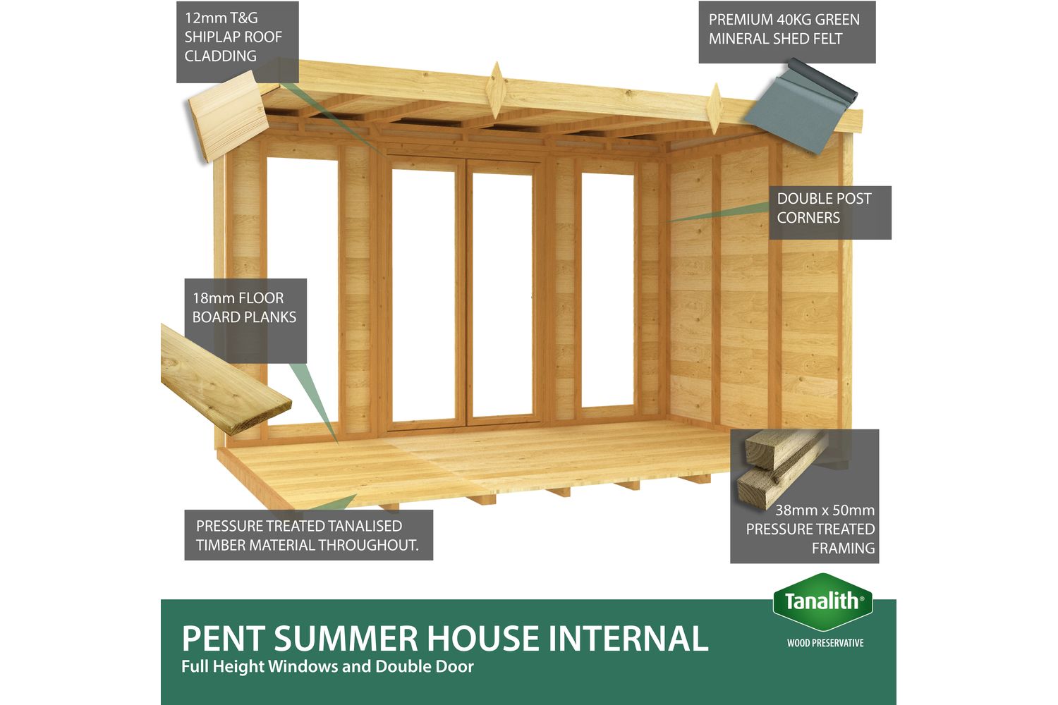 16 X 6 Pent Summer House Full Height Window-6