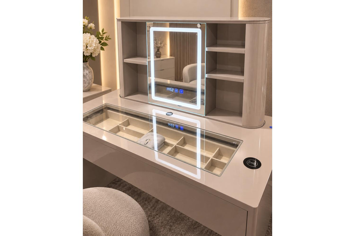 Glamour Elevate Station 1.2m Beige Flat | Vanity Table | Solid Wood & Tempered Glass