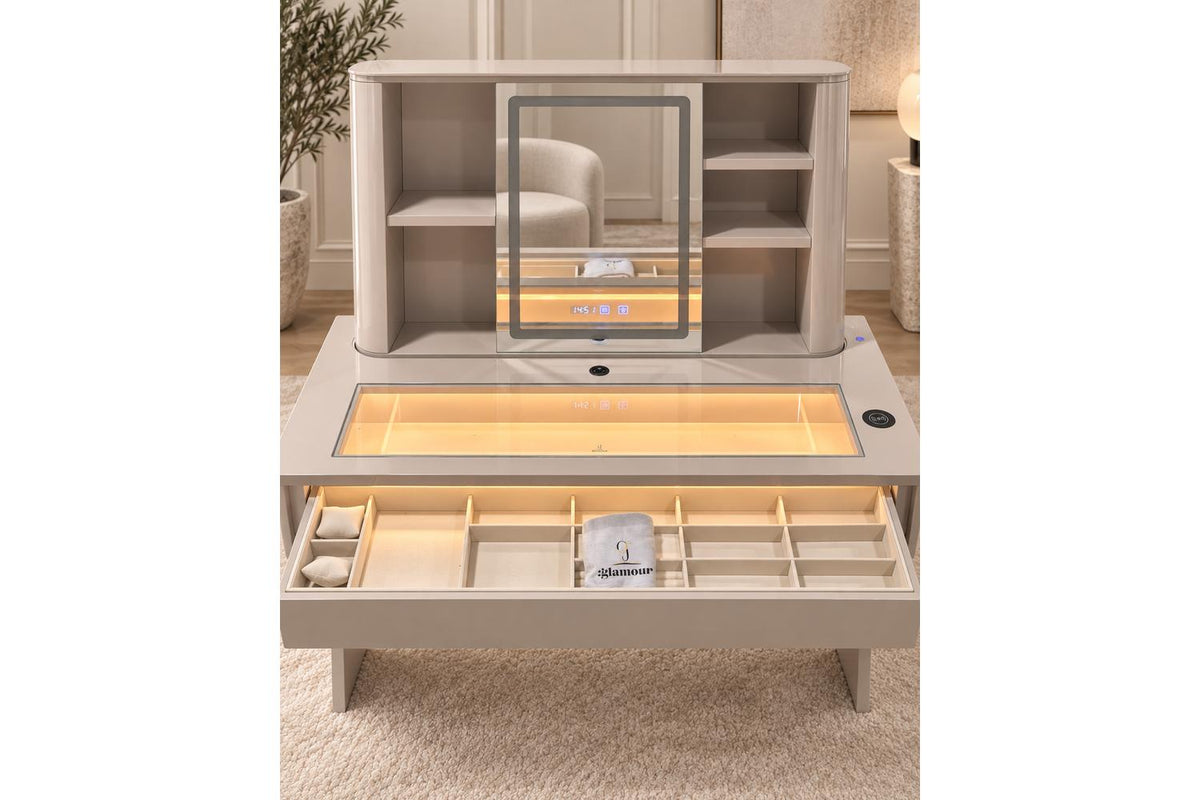 Glamour Elevate Station 1.2m Beige Flat | Vanity Table | Solid Wood & Tempered Glass-3