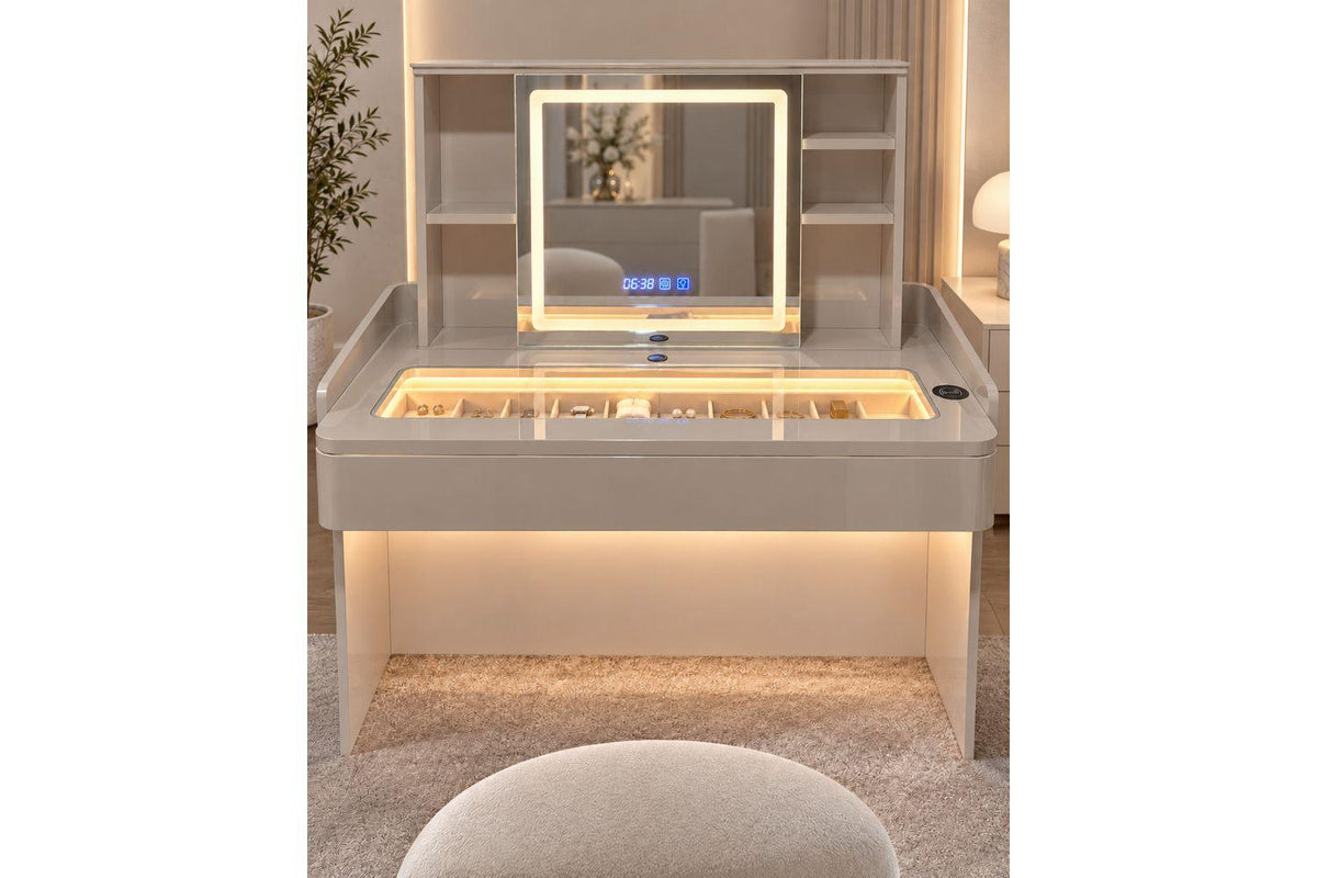 Glamour Elevate Station 1.2m Beige Curve | Vanity Table | Solid Wood & Tempered Glass