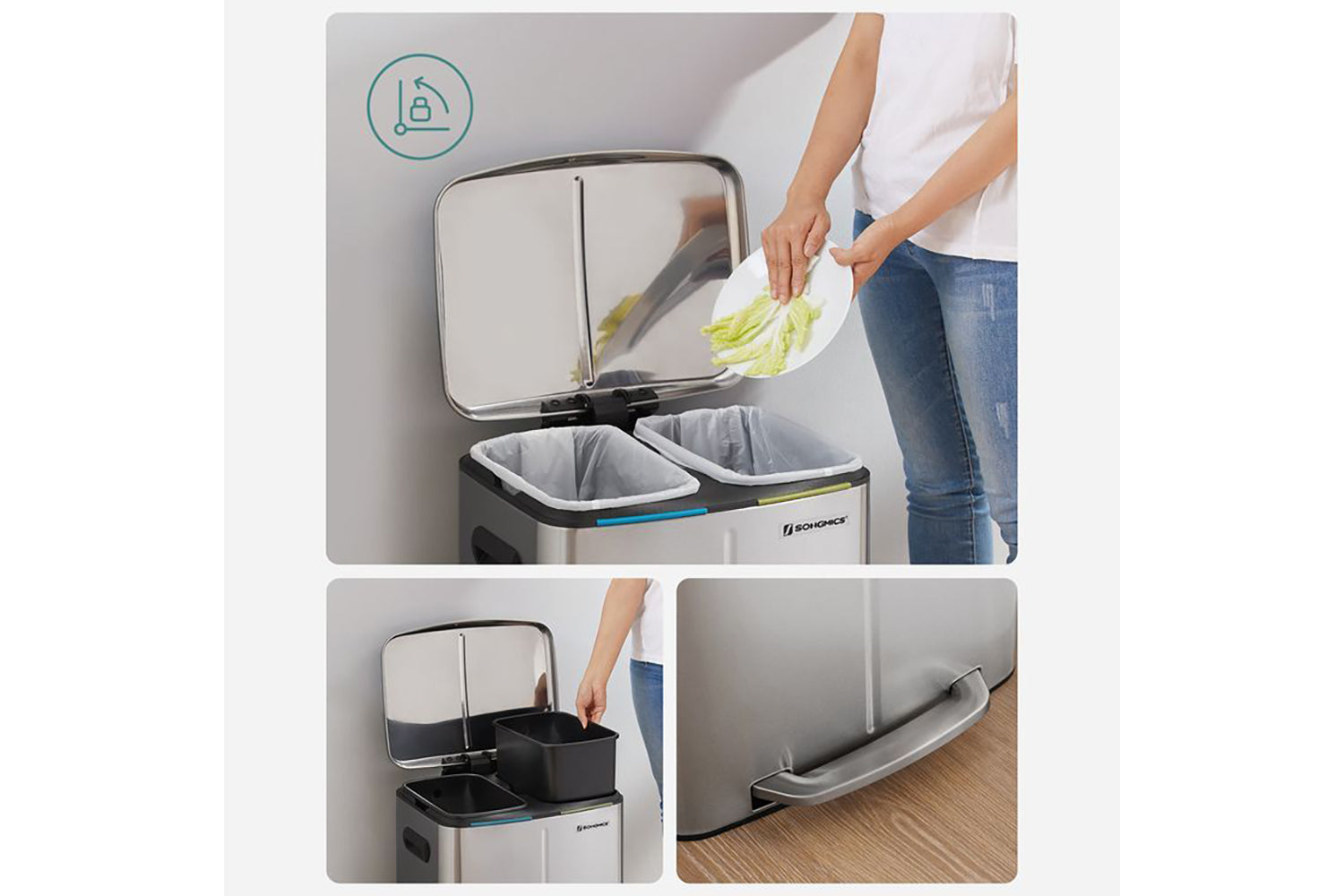 Songmics LTB40NL 40L Dustbin with 2 Compartments | Silver-2